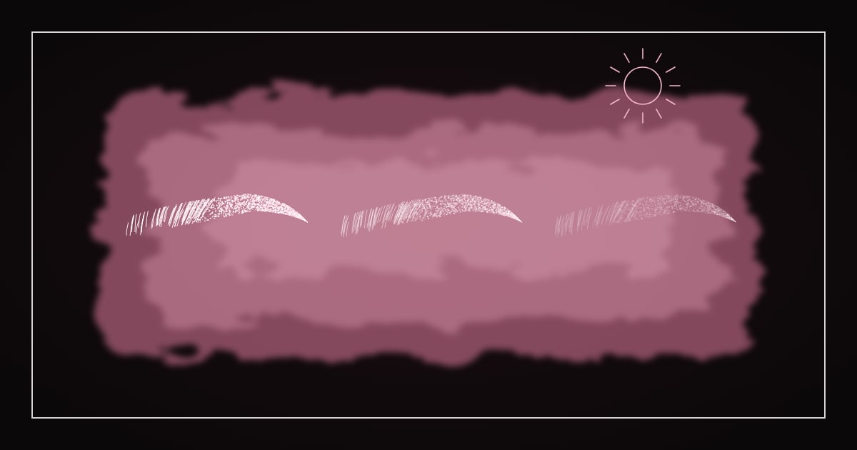 Line drawing of an eyebrow repeated three times, fading from full pink to faint, under a small sun on a black background