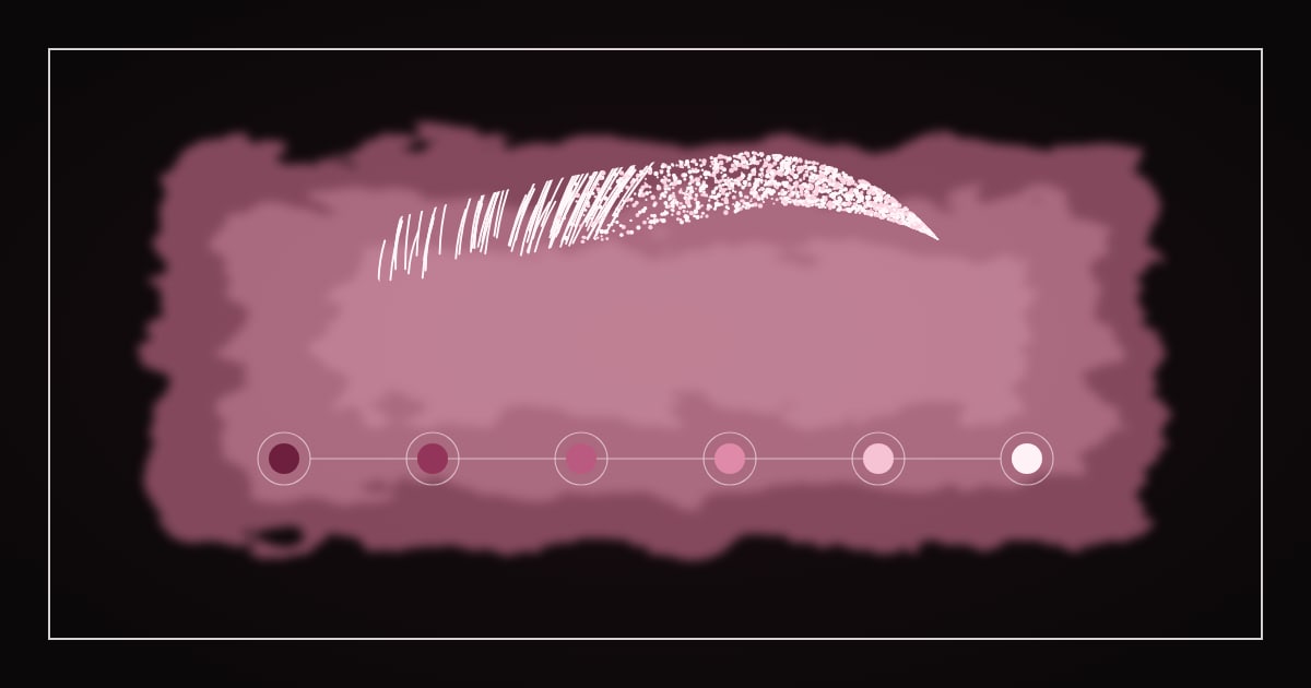 Line drawing of an eyebrow above a timeline of dots that grow from dark to soft pink, on a black background with a pink watercolor wash