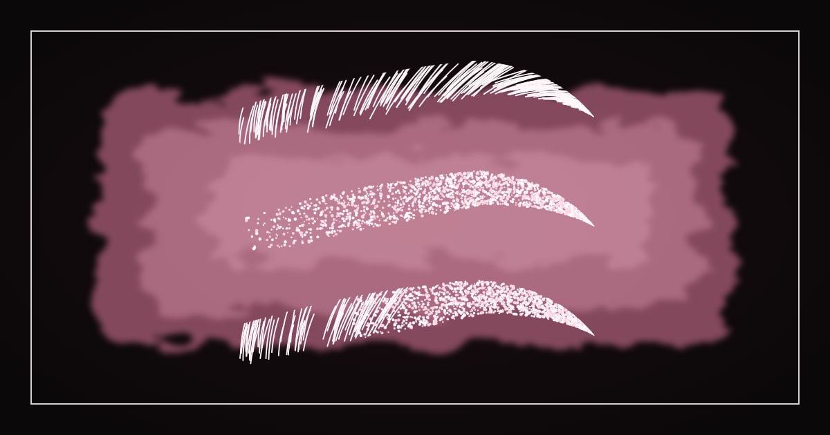 Line drawing of three eyebrows in white and pink on black: one in fine hair strokes, one in soft powder shading, one combining both